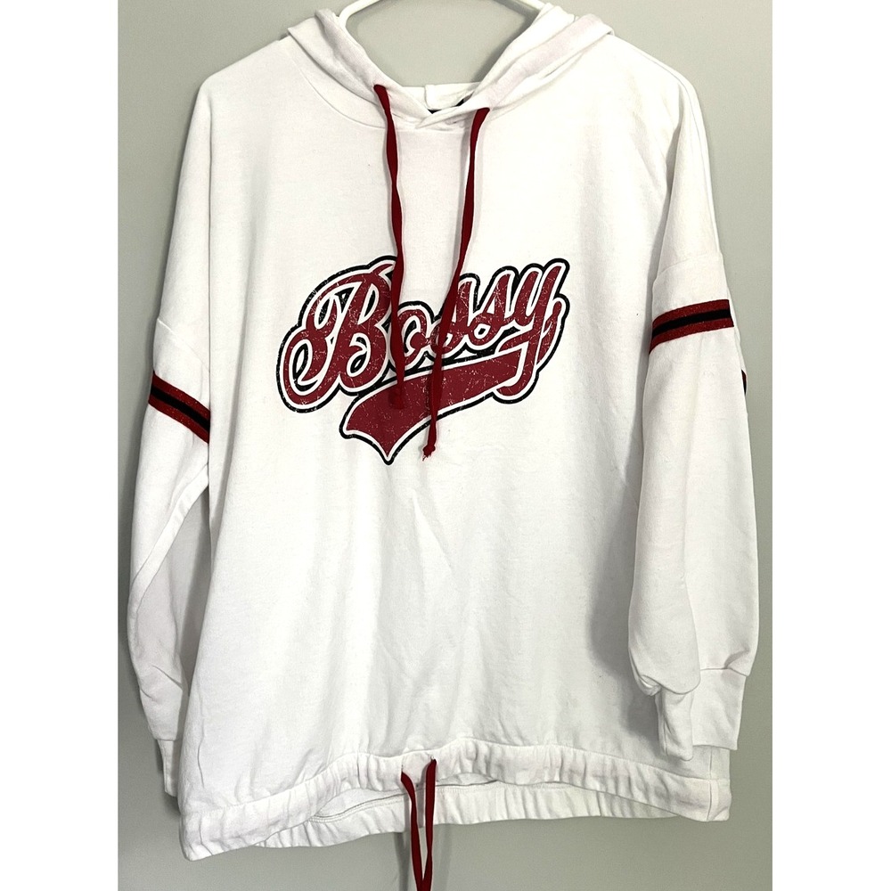 Joe Boxer Hoodie Women Juniors Plus Sz. 1X White Bossy Graphic Pullover Ties NWT